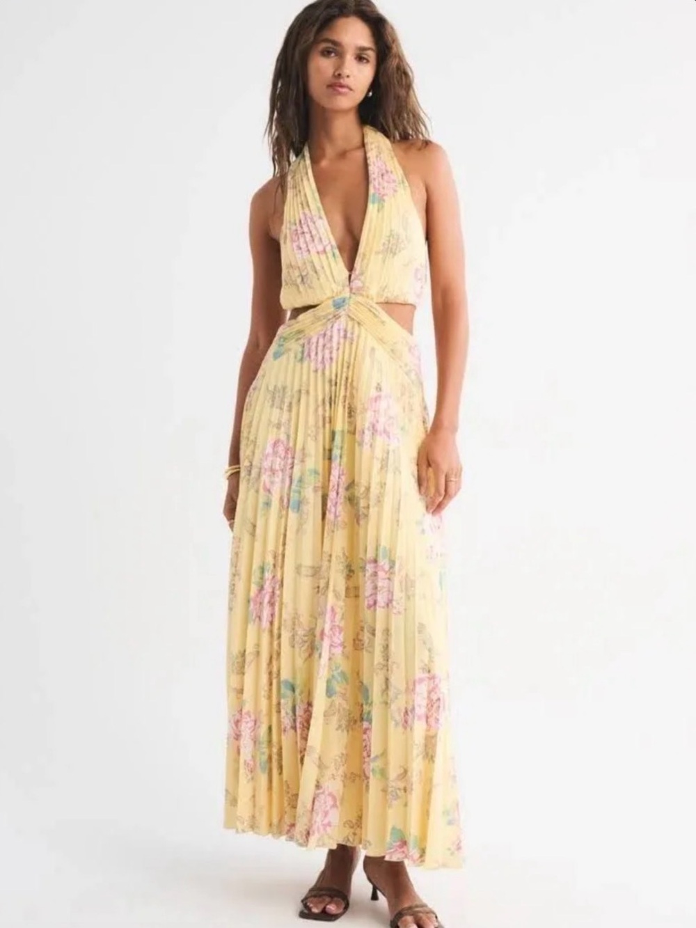 Abercrombie & Fitch Yellow Floral Giselle Plunge Halter Maxi Dress NWT